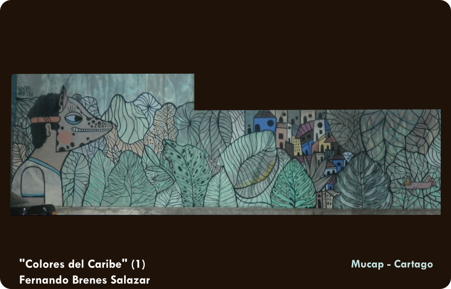  Mural con una gran escena de plantas dedonde sobresalen grupos de edificios y personas portando mascaras indigenas